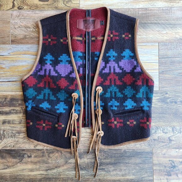 Vintage'80 Woolrich Made in USA Aztec Southwest Wool Leather Trim Vest Women's L - Picture 1 of 11